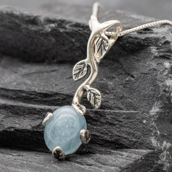 Aquamarine Leaf Pendant, Natural Aquamarine, Blue Aqua Necklace, March Birthstone, Long Pendant, Flower Pendant, Aqua Pendant, Solid Silver