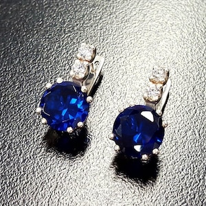 Sapphire Earrings, Created Sapphire, Royal Blue Earrings, Blue Diamond Earrings, Bridal Earrings, Vintage Earrings, Solid Silver Earrings