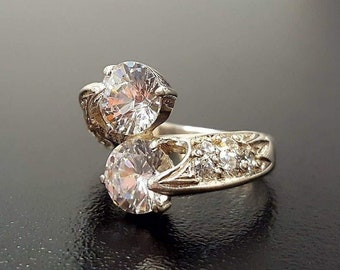 Diamond Ring, Created Diamond, Asymmetric Ring, 2 Stones Ring, Unique Diamond Ring, White Vintage Ring, Bridal Ring, Solid Silver Ring