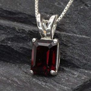 Garnet Pendant, Dainty Necklace, Natural Garnet Pendant, Baguette Necklace, Sterling Silver Necklace, Red, Emerald Cut Pendant, Emerald Cut