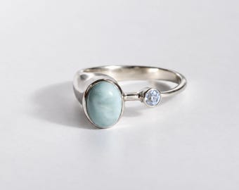 Natural Larimar Ring, Two Stone Aquamarine Accent, Blue Toi Et Moi Ring