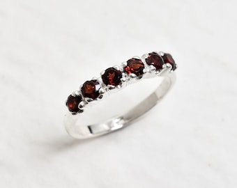 Garnet Band, Natural Garnet, January Birthstone, Half Eternity Band, Red Vintage Ring, Red Diamond Ring, Eternity Band, Solid Silver Ring