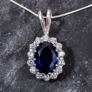 Diamond Pendant, Sapphire Pendant, Created Sapphire, Princess Di Pendant, Blue Pendant, Blue Diamond Pendant, Solid Silver Pendant, Sapphire