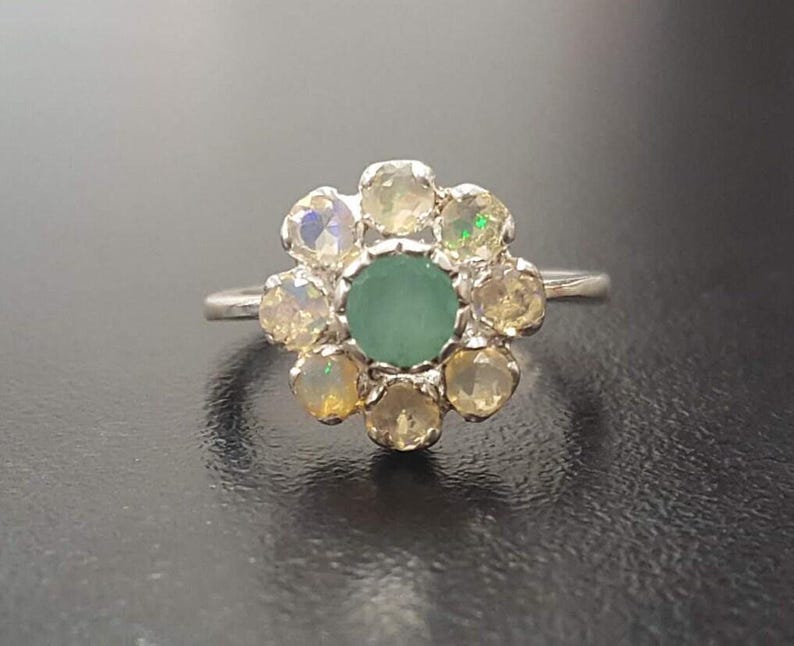 Flower Ring, Natural Emerald Ring, Natural Opal Ring, Vintage Flower Ring, October Birthstone, May Birthstone, Daisy Ring, 925 Silver Ring image 7
