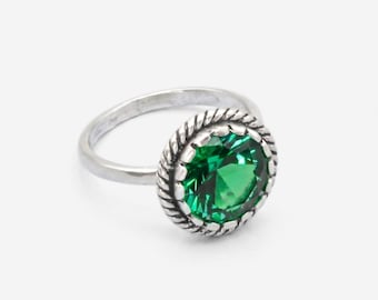 Ronde smaragd ring, groene solitaire ring, ring mei geboortesteen, eenvoudige zilveren ring smaragd, cadeau voor haar, uniseks ring smaragd, Adina Stone