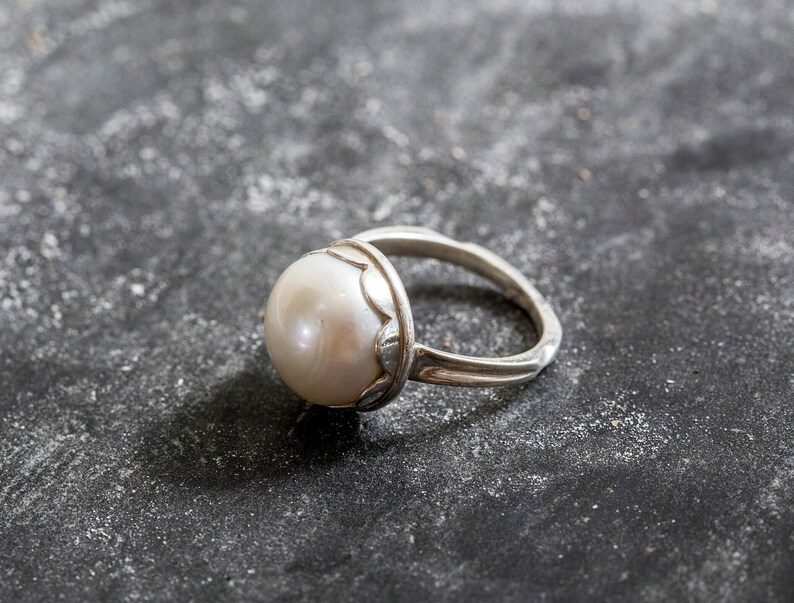 Vintage Pearl Ring, Real Pearl Ring, White Pearl Ring, June Birthstone Ring, Pearl Statement Ring, Pearl Solitaire Ring, Adina Stone image 8