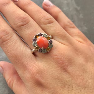 Anillo de coral natural, piedra de nacimiento de marzo, anillo de coral, coral rosa, anillo vintage, anillo de citrino, anillo de amatista, anillo de topacio azul, anillo de plata maciza imagen 2