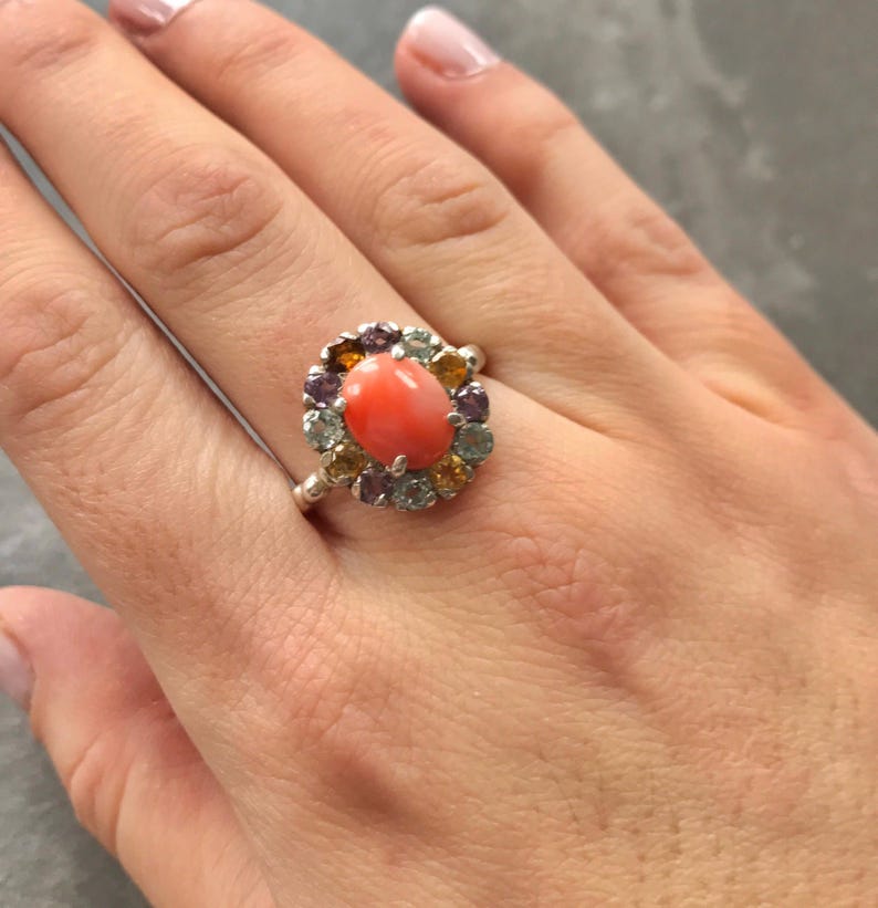 Anillo de coral natural, piedra de nacimiento de marzo, anillo de coral, coral rosa, anillo vintage, anillo de citrino, anillo de amatista, anillo de topacio azul, anillo de plata maciza imagen 2