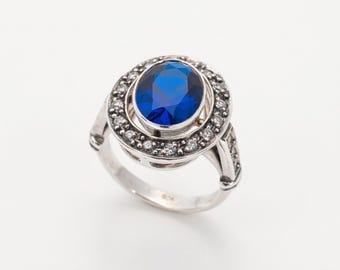 Anillo de zafiro, zafiro creado, anillo victoriano, anillo de zafiro antiguo, anillo azul rey, anillo de plata maciza, anillo azul vintage, zafiro
