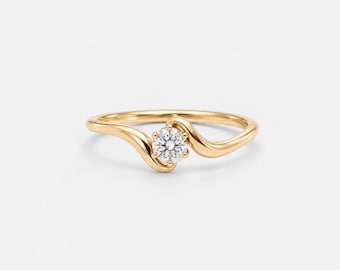 14k Gold Diamond Engagement Ring, Natural Diamond Solitaire Ring, Unique Swirl Promise Ring