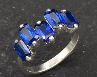 Sapphire Band, Emerald Cut Ring, Created Sapphire, Baguette Band, Half Eternity Band, Asymmetric Ring, Blue Ring, Radiant Ring, Solid Silver