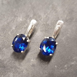 Sapphire Earrings, Created Sapphire, Blue Dainty Earrings, Blue Diamond Studs, Vintage Earrings, Royal Blue Earrings, Solid Silver Earrings