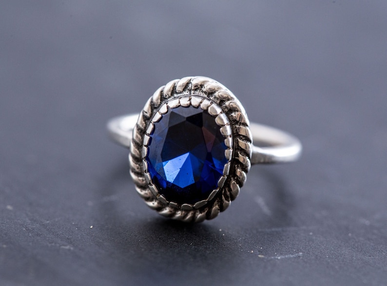 Blue Sapphire Royal Blue Ring Solid Silver Created Sapphire Blue Sapphire Ring Artistic Ring Vintage Rings Blue Stone Sapphire