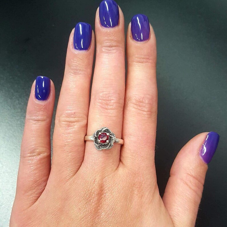Flower Ruby Ring, Created Ruby, Red Ruby Ring, Silver Flower Ring, Red Vintage Ring, Solitaire Ring, Red Rose Ring, 925 Sterling Silver Ring