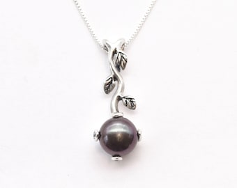 Black Pearl Leaf Necklace, Japanese Pearl Botanical Pendant, Nature Inspired Jewelry