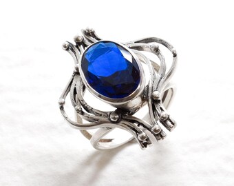 Sapphire Ring, Created Sapphire, Blue Vintage Ring, Statement Ring, Large Ring, Chunky Ring, Boho Ring, Royal Blue Ring, Solid Silver Ring