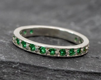 Emerald Stacking Band, Emerald Eternity Ring, Created Emerald Ring, Full Eternity Band, Emerald Wedding Ring, Stackable Ring, 925 Silver