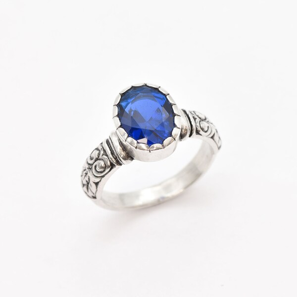 Sapphire Silver Ring, Blue Boho Ring, Created Sapphire, Tribal Sapphire Ring, Solitaire Sapphire Ring, Blue Gemstone Ring,  Adina Stone