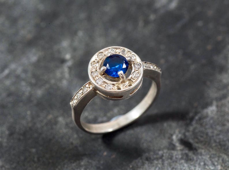 Blue Sapphire Ring Created Sapphire CZ Diamonds Royal Blue | Etsy
