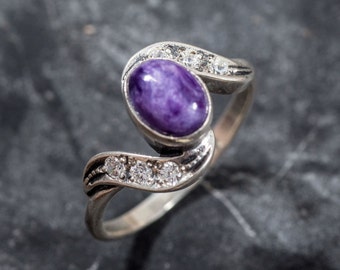 Charoite Ring, Vintage Ring, Natural Stone, Antique Ring, Purple Stone Ring, Purple Ring, Natural Charoite, Wavy Ring, Solid Silver Ring