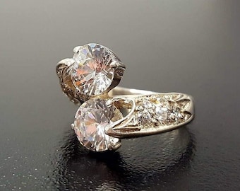 Anello con diamante, diamante creato, anello asimmetrico, anello con 2 pietre, anello con diamante unico, anello vintage bianco, anello da sposa, anello in argento massiccio