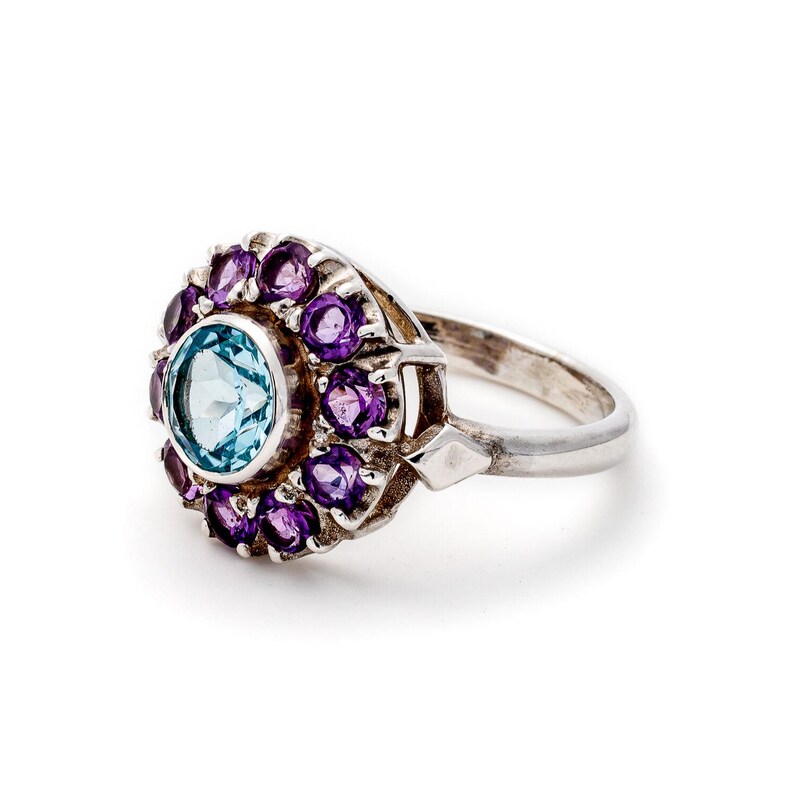 Victorian Ring, Blue Topaz Ring, Amethyst Ring, Birthstone Ring, Round Vintage Ring, Natural Topaz Ring, Round Silver Ring, 925 Silver Ring image 8
