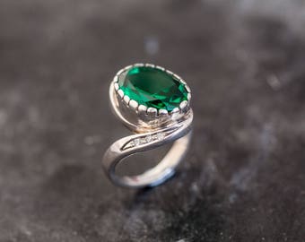 Large Emerald Ring, Antique Ring, Vintage Ring, Statement Ring, Sterling Silver Ring, Green Vintage Ring, Created Emerald, Big Curvy Ring