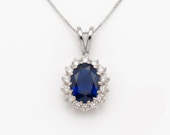 Oval Sapphire Halo Necklace, Royal Blue Statement Pendant, 6 Carat Solid Silver Jewelry