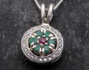 Emerald Pendant, Ruby Pendant, Flower Pendant, Natural Emerald, May Birthstone, Vintage Pendant, Silver Pendant, Real Emerald, Emerald, Ruby