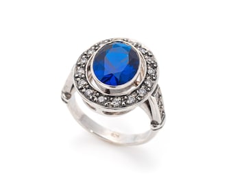 Sapphire Ring, Created Sapphire, Victorian Ring, Antique Sapphire Ring, Royal Blue Ring, Solid Silver Ring, Blue Vintage Ring, Sapphire