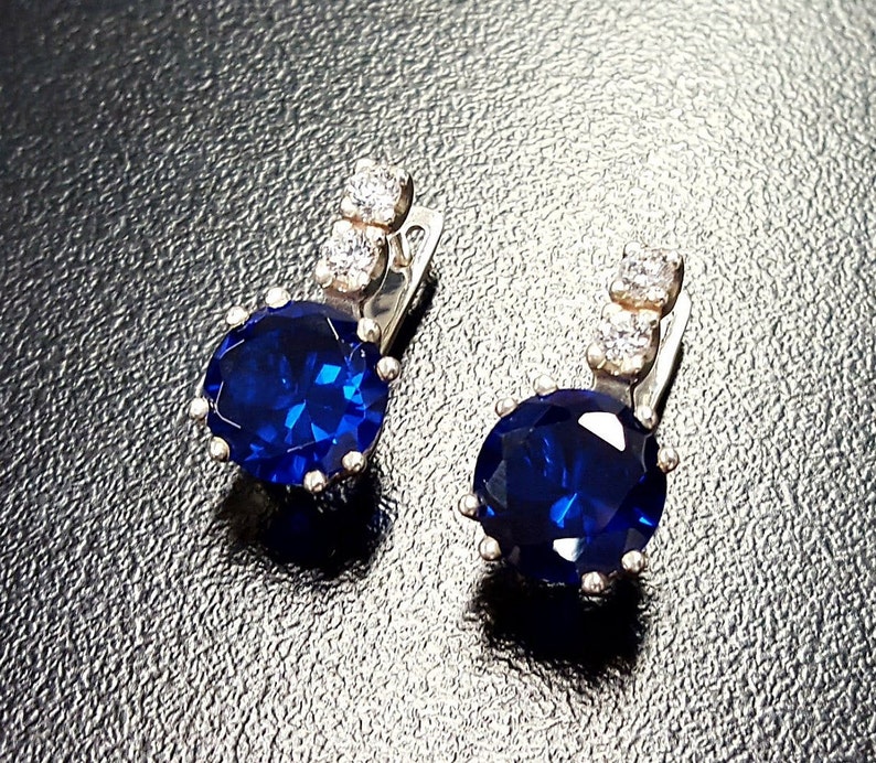 Blue Diamond Earrings Royal Blue Earrings Vintage Earrings Bridal Earrings Solid Silver Earrings Sapphire Earrings Created Sapphire