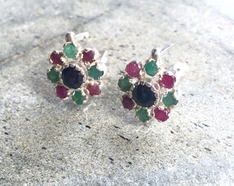 Sapphire Earrings, Emerald Earrings, Ruby Earrings, Natural Sapphire, Natural Emerald, Natural Ruby, Flower Earrings, Solid Silver Earrings