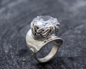 Statement Ring, Diamond Ring, Created Diamond, Artistic Ring, Lab Diamond Ring, White Diamond Ring, Large Ring, Solid Silver Ring, Diamond
