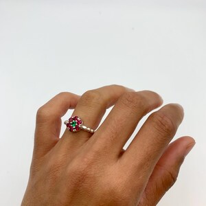 Ruby Flower Ring, Created Ruby, Daisy Emerald Ring, Dainty Flower Ring, Red Gemstone Ring, Silver Bubble Band, For Her, Adina Stone