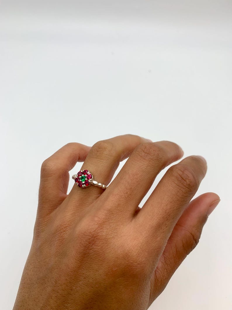 Ruby Flower Ring, Created Ruby, Daisy Emerald Ring, Dainty Flower Ring, Red Gemstone Ring, Silver Bubble Band, For Her, Adina Stone