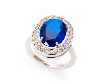 Koningsblauwe ring, saffierring, synthetische saffier, Victoriaanse ring, vintage ringen, ring met grote steen, blauwe ring, zilveren ring, saffier