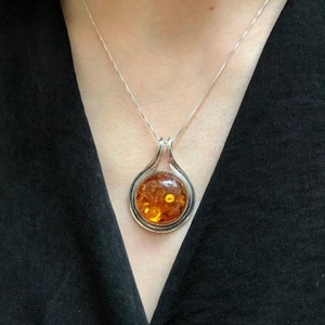 Natural Amber Pendant, Large Amber Pendant, Amber Pendant, Round Yellow Pendant, Genuine Amber Pendant, Large Amber, Big Silver Pendant