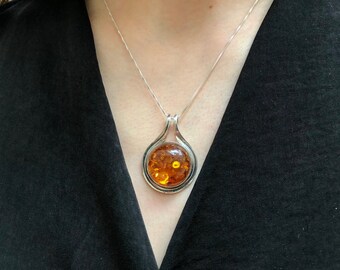 Natural Amber Pendant, Large Amber Pendant, Amber Pendant, Round Yellow Pendant, Genuine Amber Pendant, Large Amber, Big Silver Pendant