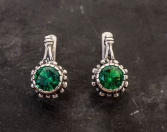 Emerald Earrings, Antique Earrings, Solid Silver Earrings, Stud Earrings, Created Emerald, Vintage Earrings, Green Earrings
