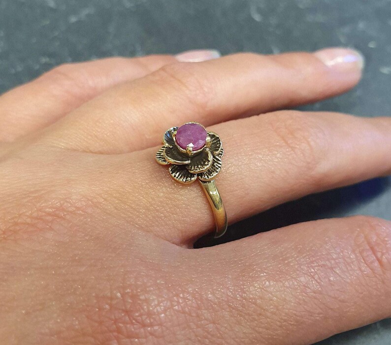 Ruby Ring, Gold Ruby Ring, Natural Ruby Ring, July Birthstone, Gold Flower Ring, Vintage Flower Ring, Gold Floral Ring, Solid Silver Ring image 2