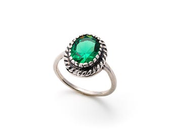 Emerald Ring, Antique Ring, Vintage Ring, Antique Emerald Ring, Antique Rings, Sterling Silver Ring, Green Vintage Ring, Created Emerald