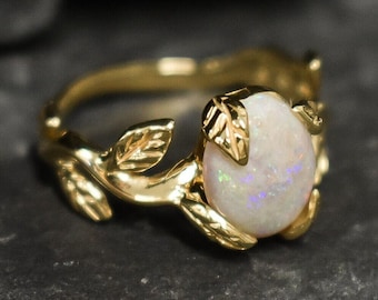 Gold Opal Ring, Opal Ring, Natural Opal, October Birthstone, Gold Branch Ring, Leaf Ring, Gold Vintage Ring, Fire Opal Ring, 18K Gold Ring