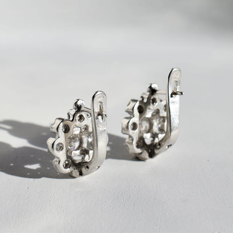Vintage Diamond Earrings, Diamond Flower Earrings, CZ Diamonds, 2 Carats Diamonds, Antique Earrings, Solid Silver, Pure Silver