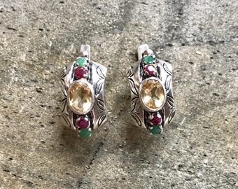 Citrine Earrings, Natural Stones, Vintage Earrings, Statement Earrings, Emerald Earrings, Birthstone, Antique Earrings, Silver Earrings