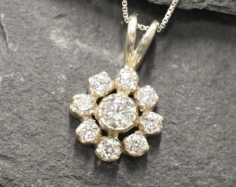 Diamond Pendant, Vintage Flower, Diamond Flower Necklace, Valentines Gift, Vintage Diamond Pendant, Created Diamond, Antique Pendant