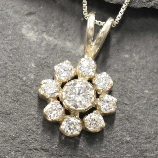 Diamond Pendant, Vintage Flower, Diamond Flower Necklace, Valentines Gift, Vintage Diamond Pendant, Created Diamond, Antique Pendant