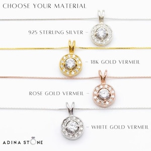 Puede incluir: Cuatro collares con colgantes circulares con una piedra central rodeada de piedras m&aacute;s peque&ntilde;as. El texto dice CHOOSE YOUR MATERIAL, 925 STERLING SILVER, 18K GOLD VERMEIL, ROSE GOLD VERMEIL, WHITE GOLD VERMEIL y ADINA STONE.