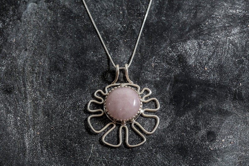 Natural Rose Quartz Silver Pendant January Birthstone Unique Pendant Rose Quartz Pink Pendant Flower Pendant Rose Quartz Pendant