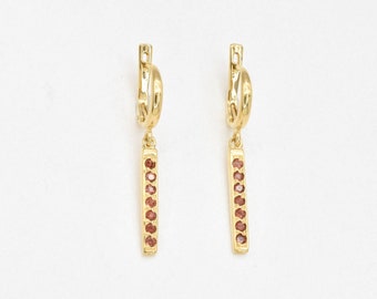 Garnet Dangling Earrings, Gold Bar Earrings, Natural Garnet Earrings, January Birthstone, Red Gem Earrings, Gold Long Earrings, Adina Stone