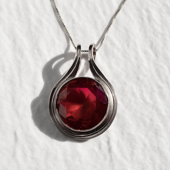 Large Ruby Pendant, Vintage Pendant, Created Ruby, Vintage Necklace, Ruby Necklace, Ruby Pendant, Statement Necklace, Red Pendant,925 Silver